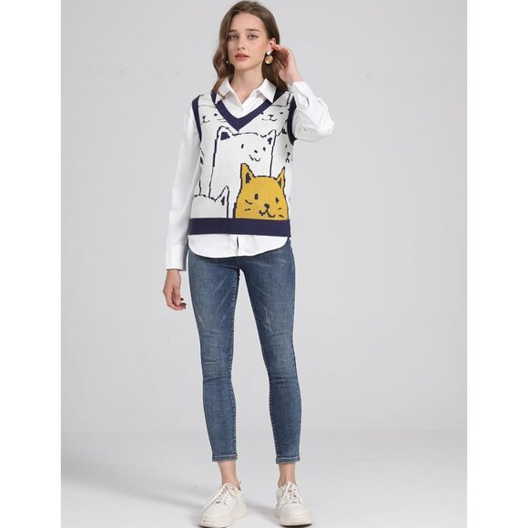 Womens Cats Print Knit Sweater Vest V Neck Sleeveless Tank Top Small - Picture 6 of 7